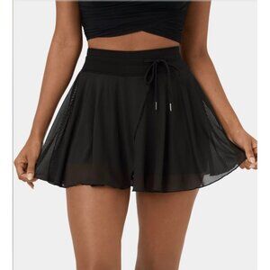 Halara Drawstring Contrast Mesh 2-in-1 Skirt Sz Medium Womens Black Flowy Dance